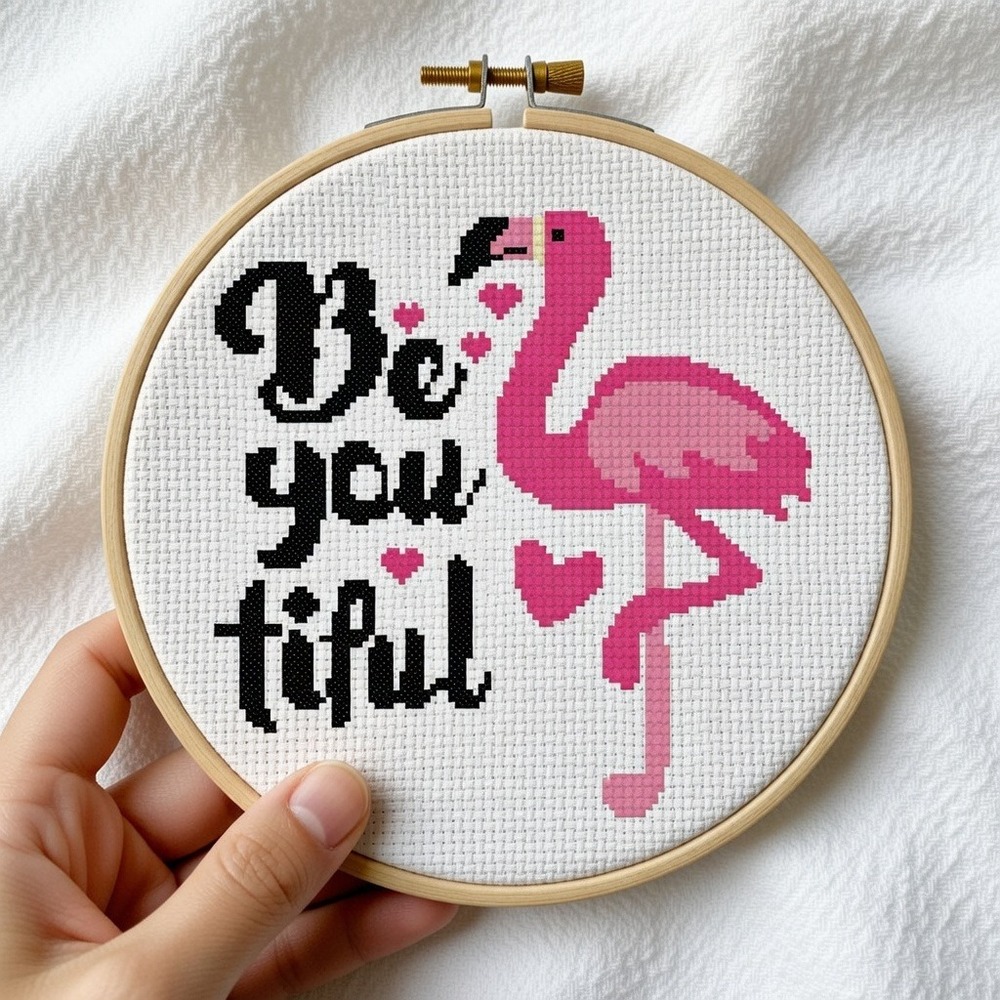 Pink‎ Flamingo - Be You Tiful Beautiful Quote Counted Cross Stitch Kit - Picture 2 of 9